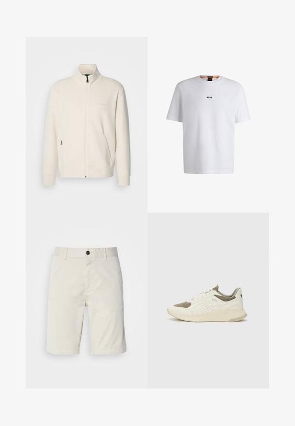 Krémová zipová bunda s vysokým límcem, dlouhými rukávy, bočními kapsami a jemným logem "BOSS" na levé části hrudi.; Bílý bavlněný tričko s krátkým rukávem, se středovým černým logem "BOSS" na hrudi a kulatým výstřihem.; Světlé béžové šortky vyrobené z bavlny, s knoflíkovým zapínáním, předními kapsami a prošitým lemem. Hladká textura s neformálním designem.; Bílé a světle béžové atletické tenisky, které mají síťovaný svršek, perforované detaily a texturovanou mezipodešev s logem na patě.