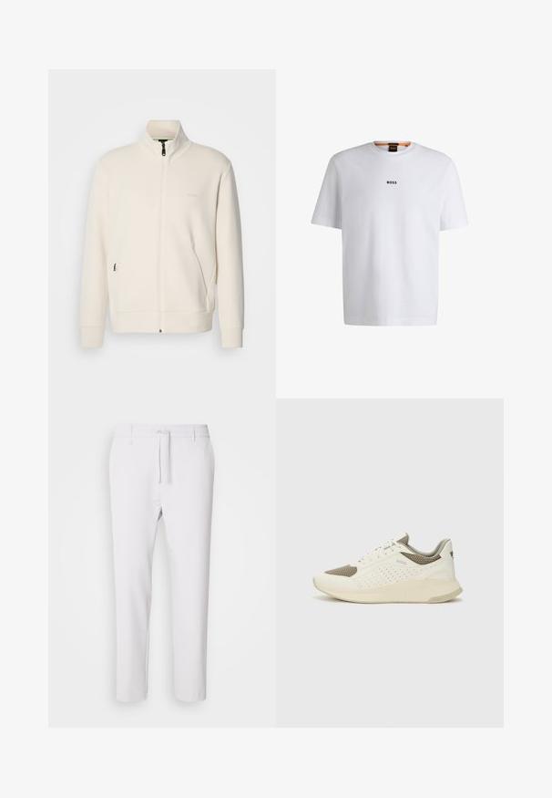 Jakna boje off-white s patentnim zatvaračem, stajaćim ovratnikom, dugim rukavima, bočnim džepovima i suptilnim logotipom "BOSS" na lijevoj strani prsnog koša.; Bijela pamučna majica kratkih rukava, s crnim logotipom "BOSS" centriranim na prsima i okruglim izrezom.; Bijele sužene hlače s elastičnim pojasom, zatvaranjem na vezicu, glatkom teksturom i bez vidljivih uzoraka ili naglasaka.; Bijele i svijetlosmeđe sportske tenisice, sa mrežastim gornjim dijelom, perforiranim detaljima i teksturiranim međutrakom sa brendom na peti.