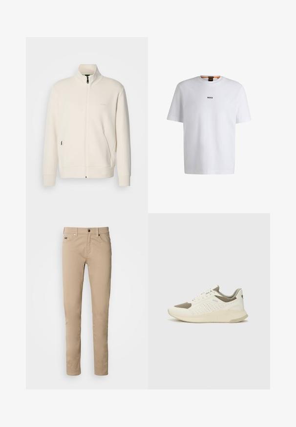 Kurtka zapinana na zamek w kolorze off-white z stójką, długimi rękawami, bocznymi kieszeniami oraz subtelnym logo "BOSS" na lewej piersi.; Biała bawełniana koszulka z krótkim rękawem, z czarnym logo "BOSS" umieszczonym na środku klatki piersiowej oraz okrągłym dekoltem.; Beżowe bawełniane spodnie twill o slim fit, z pięcioma kieszeniami, zapięciem na guzik oraz subtelnymi akcentami ściegowymi.; Białe i jasnobeżowe sneakersy sportowe, z siateczkową cholewką, perforowanymi detalami oraz teksturowaną podeszwą śródstopia z brandingiem na pięcie.