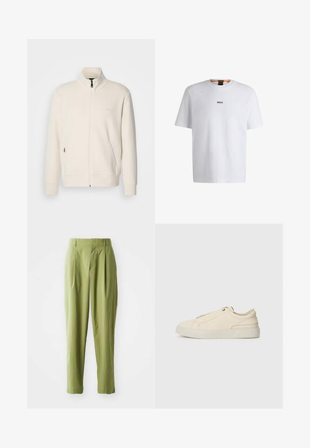 Krémová zipová bunda s vysokým límcem, dlouhými rukávy, bočními kapsami a jemným logem "BOSS" na levé části hrudi.; Bílý bavlněný tričko s krátkým rukávem, se středovým černým logem "BOSS" na hrudi a kulatým výstřihem.; Svetle zelené kalhoty z texturované látky, s rovnými nohavicemi, sklady vpředu a standardním pasem.; Krémové kožené tenisky s kulatou špičkou, minimalistickým designem, jemnými švy a texturovaným svrškem, na světlé podrážce.
