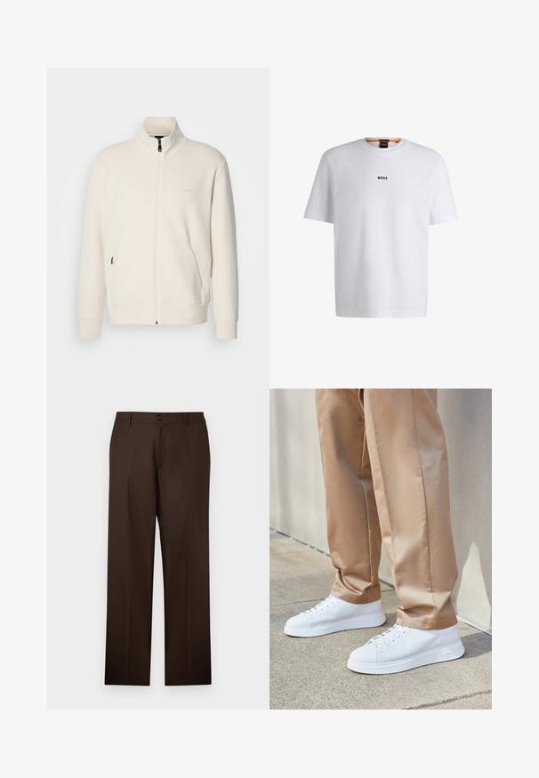 Krémová bunda na zips so stojatým golierom, dlhými rukávmi, bočnými vreckami a jemným logom "BOSS" na ľavej hrudi.; Biela bavlnená tričko s krátkymi rukávmi, na prednej strane so stredne umiestneným čiernym logom "BOSS" a okrúhlym výstrihom.; Hnedé, strihané nohavice s rovným strihom, zapínanie na gombík a hladká textúra látky. Žiadne viditeľné vzory ani akcenty.; Biele kožené tenisky s hladkým povrchom, okrúhlou špičkou, bielym šnurovaním a minimalistickým dizajnom. Nosia sa s svetlohnedými, zúženými nohavicami.