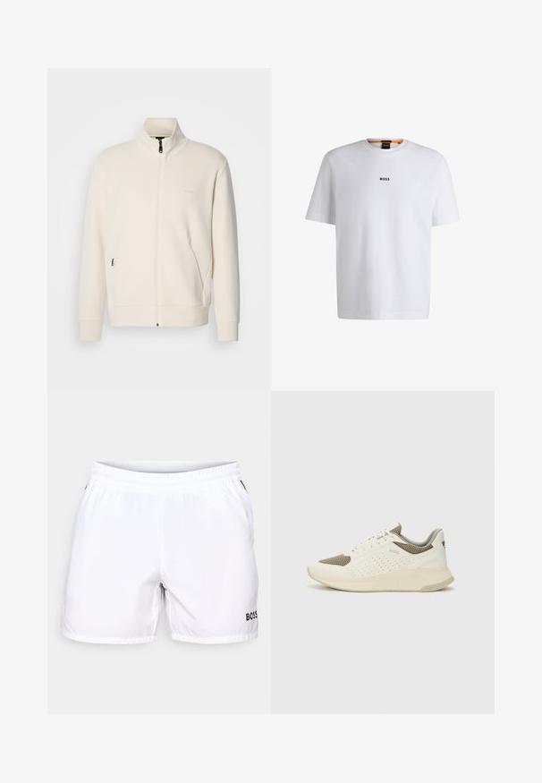 Chaqueta cremosa con cremallera y cuello alzado, mangas largas, bolsillos laterales y un discreto logo de "BOSS" en el lado izquierdo del pecho.; Camiseta de algodón blanca de manga corta, con un logotipo negro "BOSS" centrado en el pecho y un diseño de cuello redondo.; Bañador blanco con cintura elástica, que presenta un logo negro "BOSS" en la parte inferior derecha, hecho de una tela ligera y suave.; Zapatilla deportiva en blanco y beige claro, con parte superior de malla, detalles perforados y una mediasuela texturizada con la marca en el talón.