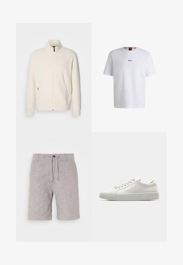 Jakna boje off-white s patentnim zatvaračem, stajaćim ovratnikom, dugim rukavima, bočnim džepovima i suptilnim logotipom "BOSS" na lijevoj strani prsnog koša.; Bijela pamučna majica kratkih rukava, s crnim logotipom "BOSS" centriranim na prsima i okruglim izrezom.; Svijetlosive lanene kratke hlače s pojasom na vezanje, ravnog kroja i suptilne teksture. Imaju jedan gumb za zatvaranje i prevrnute rubove.; Bijela kožna tenisica s zaobljenim vrhom, minimalističkog dizajna, sivo vezice i teksturiranim sivim gumom potplatom. Vidljive su suptilne detalje šivanja.