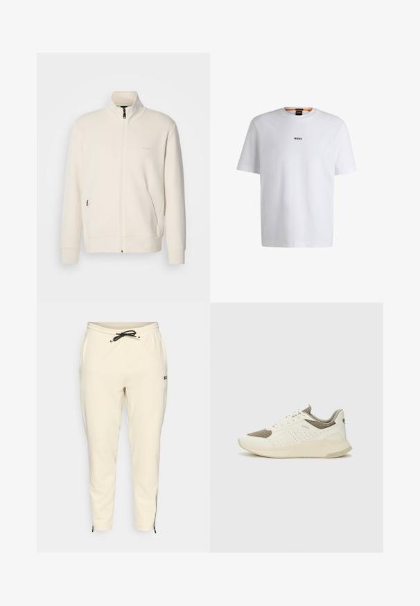 Off-white zip-up jack met staande kraag, lange mouwen, zijzakken en een subtiele "BOSS" logo op de linkerborst.; Witte katoenen T-shirt met korte mouwen, voorzien van een zwart "BOSS"-logo in het midden van de borst en een ronde halsontwerp.; Lichtbeige joggers met een elastische tailleband en trekkoord, voorzien van zijzakken en ritsen bij de enkels voor een getailleerde pasvorm.; Witte en lichtbeige sport sneaker, met een bovenwerk van mesh, geperforeerde details en een gestructureerde tussenzool met branding op de hiel.