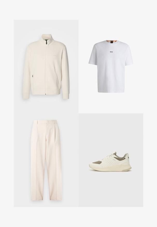 Oficialiai balta zip-up striukė su stovinčia apykakle, ilgomis rankovėmis, šoninėmis kišenėmis ir subtiliu "BOSS" logotipu kairėje krūtinės pusėje.; Balta medvilninė marškinėliai trumpomis rankovėmis, su juodu "BOSS" logotipu, centruotu ant krūtinės, ir apvaliu kaklo dizainu.; Bežiniai pritaikyti kelnių su didele juosmeniu, klostėmis ir tiesiu kojų dizainu. Pagaminti iš lygaus audinio, su šoninėmis kišenėmis ir švariu apdaila.; Baltas ir šviesiai bežinis sportinis kedas, su tinklo viršumi, perforuotais detalėmis ir tekstūruotu tarpine su logotipu ant kulno.