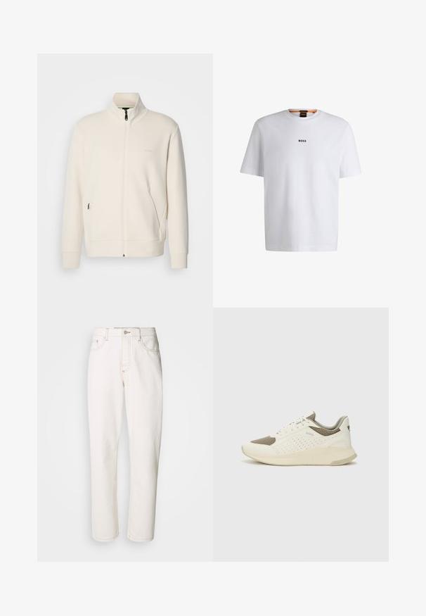 Giacca zip-up bianco sporco con colletto alto, maniche lunghe, tasche laterali e sottile logo "BOSS" sul lato sinistro del petto.; T-shirt bianco in cotone con maniche corte, caratterizzato da un logo nero "BOSS" centrato sul petto e un design con scollo rotondo.; Jeans in denim bianco con un design a gamba dritta, caratterizzati da cuciture decorative, chiusura con bottone metallico e classica costruzione a cinque tasche.; Sneaker atletica bianca e beige chiaro, con tomaia in mesh, dettagli perforati e una suola intermedia texturizzata con marchio sul tallone.