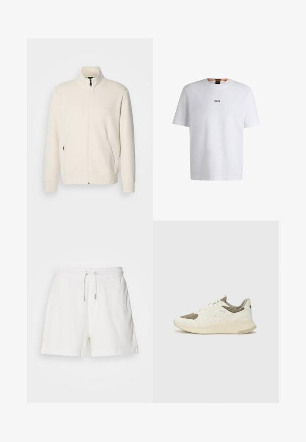 Giacca zip-up bianco sporco con colletto alto, maniche lunghe, tasche laterali e sottile logo "BOSS" sul lato sinistro del petto.; T-shirt bianco in cotone con maniche corte, caratterizzato da un logo nero "BOSS" centrato sul petto e un design con scollo rotondo.; Shorts di cotone bianco, morbidi e con vita elasticizzata, cordoncino regolabile e tasche laterali. Texture liscia, vestibilità comoda e lunghezza a metà coscia.; Sneaker atletica bianca e beige chiaro, con tomaia in mesh, dettagli perforati e una suola intermedia texturizzata con marchio sul tallone.