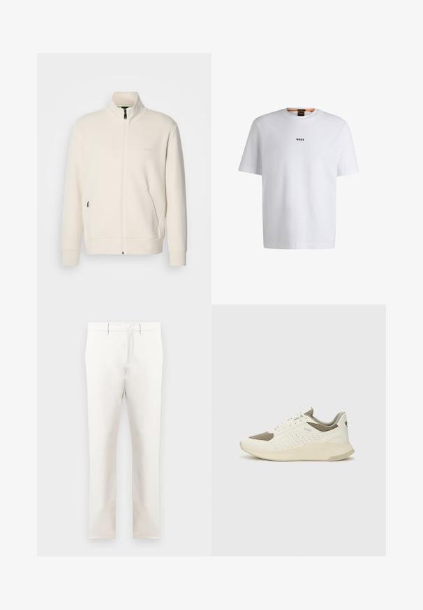 Krémová zipová bunda s vysokým límcem, dlouhými rukávy, bočními kapsami a jemným logem "BOSS" na levé části hrudi.; Bílý bavlněný tričko s krátkým rukávem, se středovým černým logem "BOSS" na hrudi a kulatým výstřihem.; Béžové kalhoty vyrobené z hladké látky, s rovný střih nohou, předními kapsami, zipem na přední straně a jedním knoflíkem na zapínání v pase.; Bílé a světle béžové atletické tenisky, které mají síťovaný svršek, perforované detaily a texturovanou mezipodešev s logem na patě.