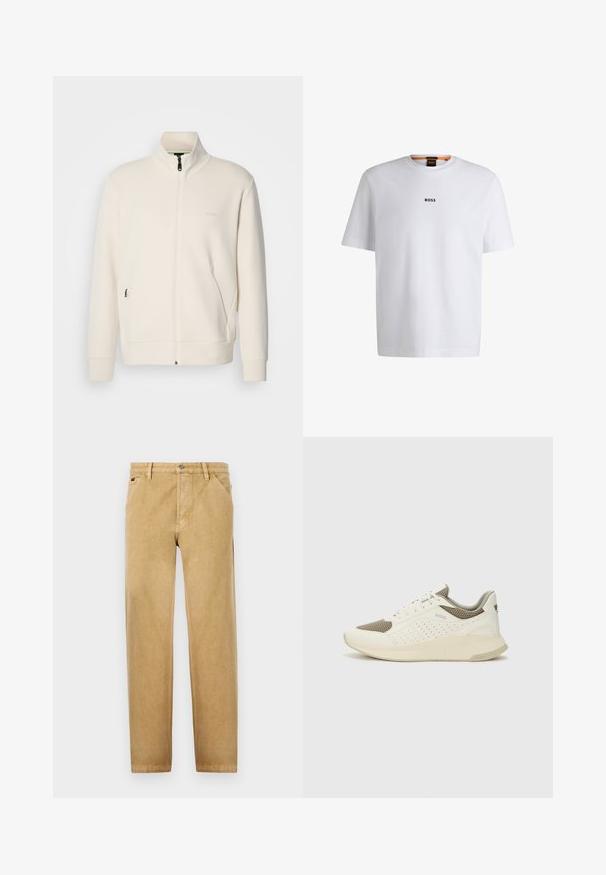 Jakna boje off-white s patentnim zatvaračem, stajaćim ovratnikom, dugim rukavima, bočnim džepovima i suptilnim logotipom "BOSS" na lijevoj strani prsnog koša.; Bijela pamučna majica kratkih rukava, s crnim logotipom "BOSS" centriranim na prsima i okruglim izrezom.; Bež chinos hlače s ravnim krojem, izrađene od mekog materijala. Imaju prednje džepove, kopčanje na dugme i diskretne šavove.; Bijele i svijetlosmeđe sportske tenisice, sa mrežastim gornjim dijelom, perforiranim detaljima i teksturiranim međutrakom sa brendom na peti.