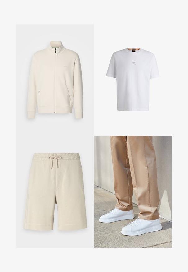 Krémová zipová bunda s vysokým límcem, dlouhými rukávy, bočními kapsami a jemným logem "BOSS" na levé části hrudi.; Bílý bavlněný tričko s krátkým rukávem, se středovým černým logem "BOSS" na hrudi a kulatým výstřihem.; BOSS SEWALK - Teplákové kalhoty - light beige; Bílé kožené tenisky s hladkým povrchem, kulatou špičkou, bílými tkaničkami a minimalistickým designem. Noseny s světle hnědými zúženými kalhotami.