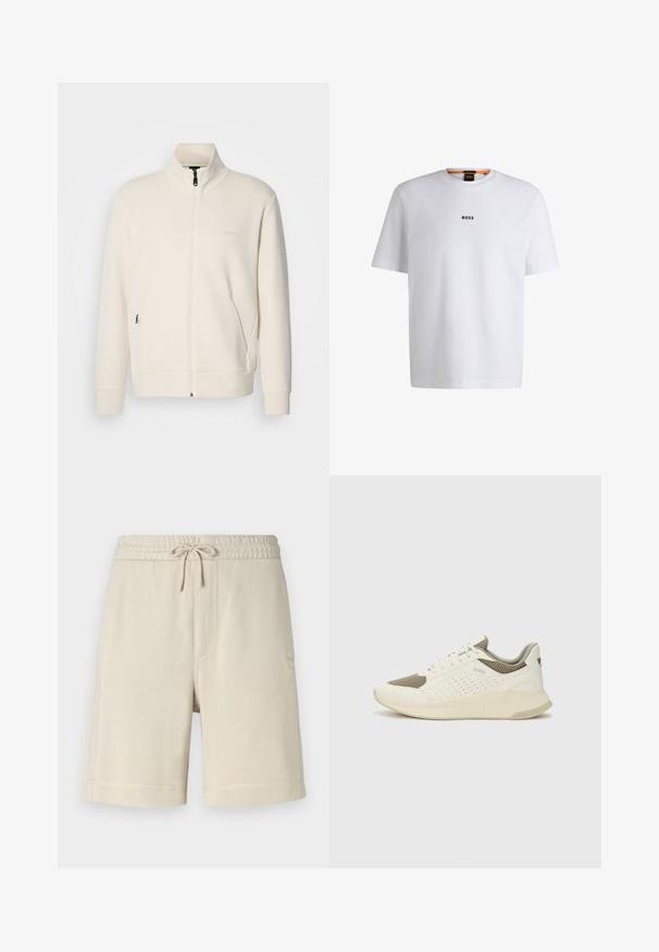 Off-white zip-up jacka med ståkrage, långa ärmar, sidofickor och subtil "BOSS"-logotyp på vänster bröst.; Vit bomull T-shirt med korta ärmar, med en svart "BOSS"-logotyp centrerad på bröstet och en rund nackdesign.; BOSS SEWALK - Träningsbyxor - light beige; Vit och ljusbeige atletisk sneaker med ett meshöverdrag, perforerade detaljer och en texturerad mellansula med varumärke på hälen.