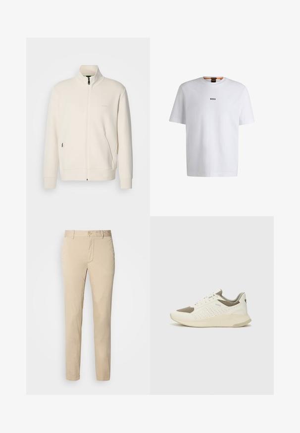 Off-white zip-up jacket with stand collar, long sleeves, side pockets, and subtle "BOSS" logo on the left chest.; White cotton T-shirt with short sleeves, featuring a black "BOSS" logo centered on the chest and a round neck design.; Beige cotton chinos with a straight leg design, featuring a button closure and front pockets. Smooth texture with no visible patterns or accents.; White and light beige athletic sneaker, featuring a mesh upper, perforated detailing, and a textured midsole with branding on the heel.