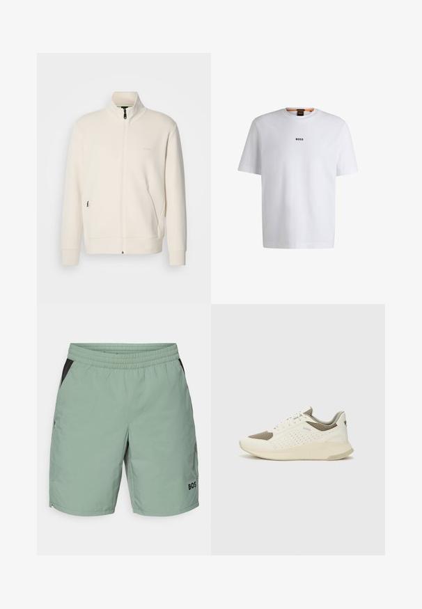 Kreemi värvi lukuga jakk kõrge kraega, pikkade varrukatega, küljetaskutega ja diskreetse "BOSS" logo ka vasakul rinnal.; Valge puuvillane T-särk lühikeste varrukatega, millel on must "BOSS" logo, mis on keskendatud rinnale, ja ümmargune kaelaava disain.; Heledad rohelised lühikesed püksid elastse vöökoha, mustade külgdetailide, tasaste esipidudega ja logo iluga vasakus alumises sääres.; Valge ja heledat beeži värvi spordijalats, millel on õhuke võrkmaterjal, perforatsioonidega detailid ning tekstuuriga vahetald, millel on brändi logo kannaosas.