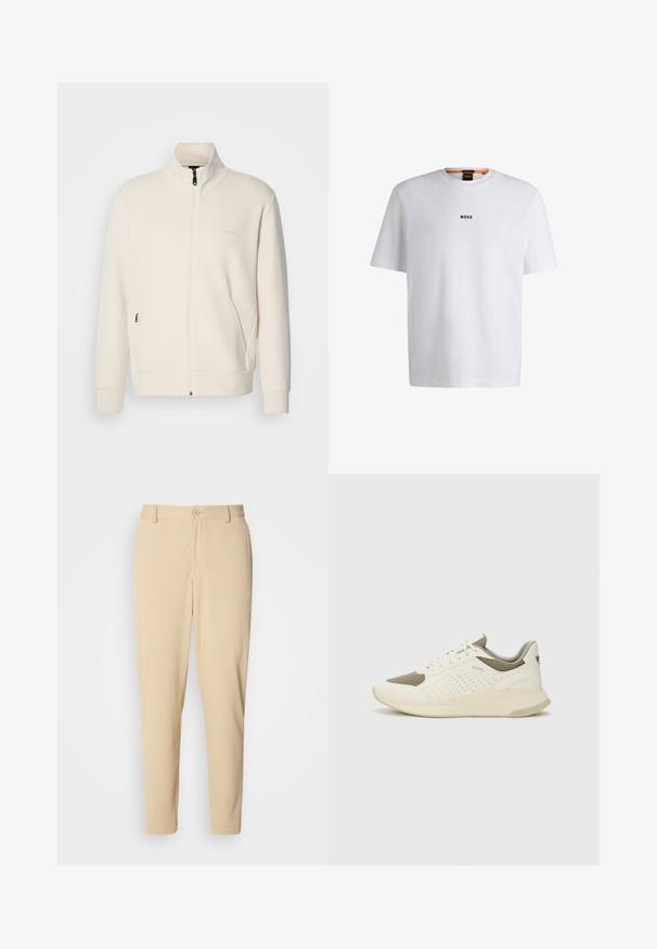 Off-white zip-up jakke med stående krage, lange ermer, sidelommer og diskré "BOSS" logo på venstre bryst.; Hvit bomulls T-skjorte med korte ermer, med en svart "BOSS" logo sentrert på brystet og rund halsdesign.; Beige, teksturerte bukser med smal passform, med knappestang foran, beltehemper og sidelommer. Glatt stofffinish.; Hvit og lysebeige treningssko, med en mesh-overdel, perforerte detaljer og en teksturert mellomsåle med merkevare på hælen.