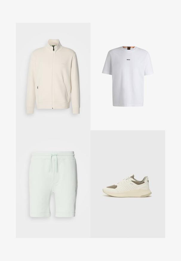 Off-white zip-up jacket with stand collar, long sleeves, side pockets, and subtle "BOSS" logo on the left chest.; White cotton T-shirt with short sleeves, featuring a black "BOSS" logo centered on the chest and a round neck design.; Light mint green cotton shorts with an elastic waistband, adjustable drawstring, side pockets, and logo detail on the right leg.; White and light beige athletic sneaker, featuring a mesh upper, perforated detailing, and a textured midsole with branding on the heel.