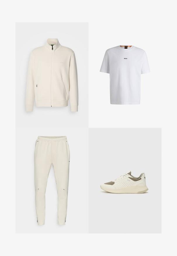 Off-white Zip-Jacke mit Stehkragen, langen Ärmeln, Seitentaschen und dezenter "BOSS"-Logo auf der linken Brust.; Weißes Baumwoll-T-Shirt mit kurzen Ärmeln, ausgestattet mit einem schwarzen "BOSS"-Logo, das mittig auf der Brust platziert ist, und einem runden Halsausschnitt.; Helle beigefarbene Jogginghosen mit elastischem Bund, seitlichen Taschen und dezenten Reißverschlüssen am Knöchel. Aus weichem, strukturiertem Material gefertigt.; Weiße und hellbeige Sport Sneakers, ausgestattet mit einem Obermaterial aus Netzgewebe, perforierten Details und einer strukturierten Zwischensohle mit Branding an der Ferse.