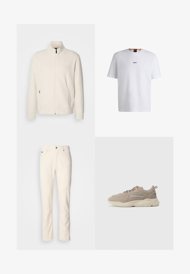 Off-white zip-up jack met staande kraag, lange mouwen, zijzakken en een subtiele "BOSS" logo op de linkerborst.; Witte katoenen T-shirt met korte mouwen, voorzien van een zwart "BOSS"-logo in het midden van de borst en een ronde halsontwerp.; Off-white straight-leg jeans met knoopsluiting, riemlussen en voorzakken tegen een effen achtergrond.; Beige suède sneaker met een gestructureerde afwerking, voorzien van zilveren accenten, een dikke crèmekleurige zool en een gevoerde kraag. Veters lopen door de oogjes bovenaan.