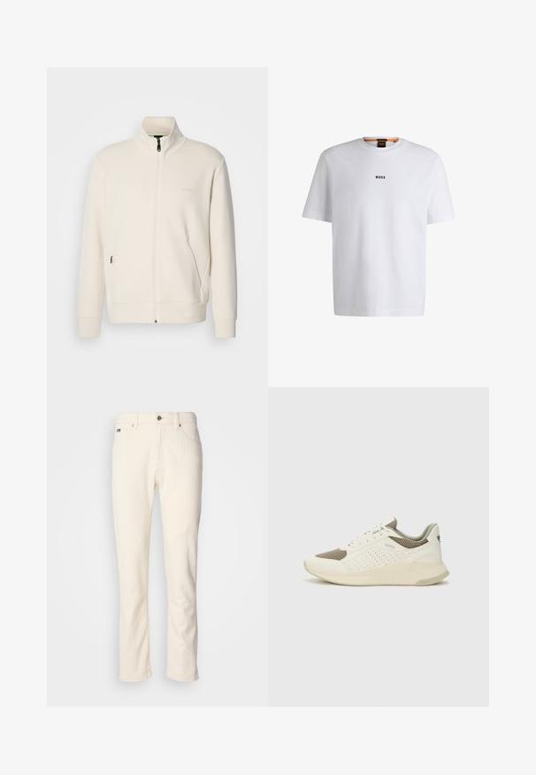 Ζακέτα σε off-white απόχρωση με κλείσιμο φερμουάρ, όρθιο γιακά, μακριά μανίκια, πλάγιες τσέπες και διακριτό λογότυπο "BOSS" στο αριστερό στήθος.; Λευκό βαμβακερό t-shirt με κοντά μανίκια, με μαύρο λογότυπο "BOSS" κεντραρισμένο στο στήθος και στρογγυλό σχέδιο λαιμόκοψης.; Λευκά τζιν παντελόνια σε ίσια γραμμή με κλείσιμο από κουμπί, θηλίες για ζώνη και μπροστινές τσέπες σε απλό φόντο.; Λευκό και ανοιχτό μπεζ αθλητικό παπούτσι, με επάνω μέρος από διχτυωτό υλικό, διακοσμήσεις με περφορέ και υφή στην ενδιάμεση σόλα με επωνυμία στη φτέρνα.