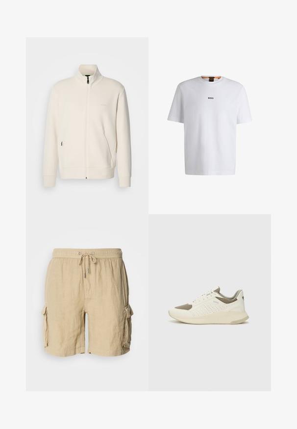 Veste zippée beige clair avec col montant, manches longues, poches latérales et logo "BOSS" discret sur la poitrine gauche.; T-shirt en coton blanc à manches courtes, avec un logo noir "BOSS" centré sur la poitrine et un design à col rond.; Shorts cargo beiges en tissu léger avec une taille élastique et un cordon de serrage. Comprend deux poches latérales et une finition texturée.; Basket de sport blanche et beige clair, avec une tige en maille, des détails perforés et une semelle intermédiaire texturée avec un logo sur le talon.