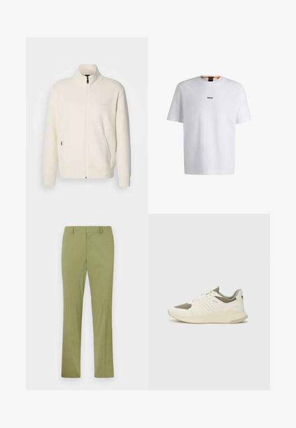 Krémová zipová bunda s vysokým límcem, dlouhými rukávy, bočními kapsami a jemným logem "BOSS" na levé části hrudi.; Bílý bavlněný tričko s krátkým rukávem, se středovým černým logem "BOSS" na hrudi a kulatým výstřihem.; Khaki zelené kalhoty s přímým střihem, plochým předním dílem a poutky na opasek. Vyrobeno z hladké látky s jemným leskem.; Bílé a světle béžové atletické tenisky, které mají síťovaný svršek, perforované detaily a texturovanou mezipodešev s logem na patě.