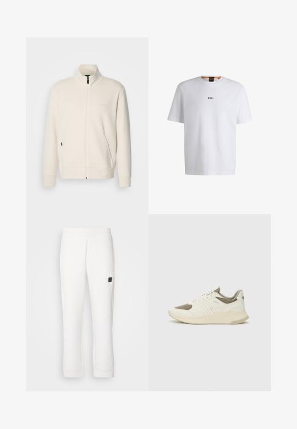 Off-white zip-up jacket with stand collar, long sleeves, side pockets, and subtle "BOSS" logo on the left chest.; White cotton T-shirt with short sleeves, featuring a black "BOSS" logo centered on the chest and a round neck design.; White sweatpants with elastic waistband, tapered legs, textured fabric, and embossed "HUGO" logo on the left thigh.; White and light beige athletic sneaker, featuring a mesh upper, perforated detailing, and a textured midsole with branding on the heel.