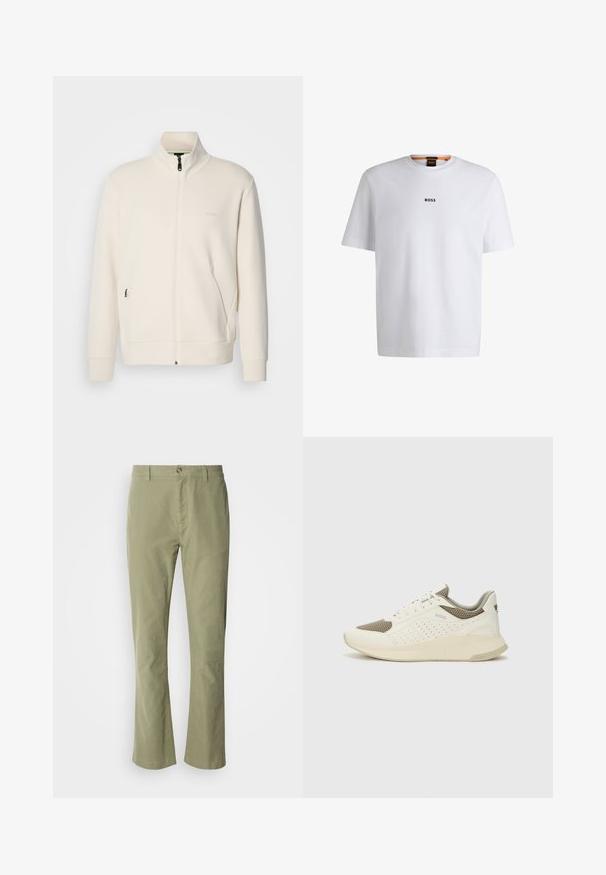Jachetă crem cu fermoar, cu guler înalt, mâneci lungi, buzunare laterale și logo-ul subtil "BOSS" pe pieptul stâng.; Tricou alb din bumbac cu mâneci scurte, având un logo negru "BOSS" centrat pe piept și un guler rotund.; Pantaloni din bumbac verde deschis cu un design drept, având o închidere frontală cu buton și o textură subtilă. Fără modele sau accente vizibile.; Tenis sportivi alb și bej deschis, cu un înveliș din plasă, detalii perforate și o talpă intermediară texturată, având marcaj pe călcâi.