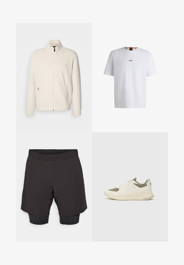 Krémová zipová bunda s vysokým límcem, dlouhými rukávy, bočními kapsami a jemným logem "BOSS" na levé části hrudi.; Bílý bavlněný tričko s krátkým rukávem, se středovým černým logem "BOSS" na hrudi a kulatým výstřihem.; Černé sportovní šortky s elastickým pasem, které mají kratší vnější vrstvu a přiléhavou vnitřní vrstvu, vyrobené z lehkého materiálu.; Bílé a světle béžové atletické tenisky, které mají síťovaný svršek, perforované detaily a texturovanou mezipodešev s logem na patě.