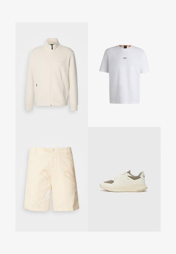 Krémová zipová bunda s vysokým límcem, dlouhými rukávy, bočními kapsami a jemným logem "BOSS" na levé části hrudi.; Bílý bavlněný tričko s krátkým rukávem, se středovým černým logem "BOSS" na hrudi a kulatým výstřihem.; Bavlněné šortky ve světle žluté barvě s květinovým vzorem. Mají zapínání na knoflík, přední kapsy a rovný střih s lemovanými okraji.; Bílé a světle béžové atletické tenisky, které mají síťovaný svršek, perforované detaily a texturovanou mezipodešev s logem na patě.