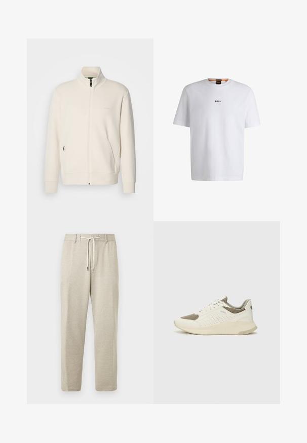 Off-white zip-up jakna s stoječim ovratnikom, dolgimi rokavi, stranskimi žepi in subtilnim logotipom "BOSS" na levem prsnem delu.; Bela bomba iz bombaža s kratkimi rokavi, ki ima črni logotip "BOSS" na sredini prsnega dela in okroglo obliko ovratnika.; Svetlo bež športne hlače z elastičnim pasom, z zavezovanjem in manšetami na gležnjih, izdelane iz mehke, teksturirane tkanine.; Beli in svetlo bež športni copat, s mrežastim zgornjim delom, perforiranimi detajli in teksturirano srednjim delom z blagovno znamko na peti.