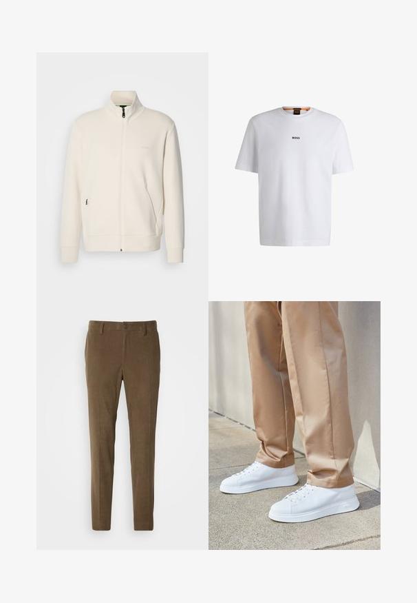 Kurtka zapinana na zamek w kolorze off-white z stójką, długimi rękawami, bocznymi kieszeniami oraz subtelnym logo "BOSS" na lewej piersi.; Biała bawełniana koszulka z krótkim rękawem, z czarnym logo "BOSS" umieszczonym na środku klatki piersiowej oraz okrągłym dekoltem.; Brązowe spodnie z kordurowego materiału o dopasowanym kroju, z zamkiem błyskawicznym i zapięciem na guzik. Tekstura posiada wyraźne prążkowane wzory.; Białe skórzane trampki o gładkim wykończeniu, okrągłych noskach, białych sznurowadłach i minimalistycznym designie. Nosi się je z jasnobrązowymi, zwężanymi spodniami.