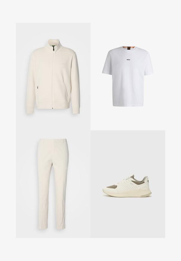 Kreemi värvi lukuga jakk kõrge kraega, pikkade varrukatega, küljetaskutega ja diskreetse "BOSS" logo ka vasakul rinnal.; Valge puuvillane T-särk lühikeste varrukatega, millel on must "BOSS" logo, mis on keskendatud rinnale, ja ümmargune kaelaava disain.; Kreemjas toonis kohandatud püksid tekstuuriga kangast. Omab sirge lõike disaini, vöökonste ja kahte eesmist taskut. Mustriteta.; Valge ja heledat beeži värvi spordijalats, millel on õhuke võrkmaterjal, perforatsioonidega detailid ning tekstuuriga vahetald, millel on brändi logo kannaosas.