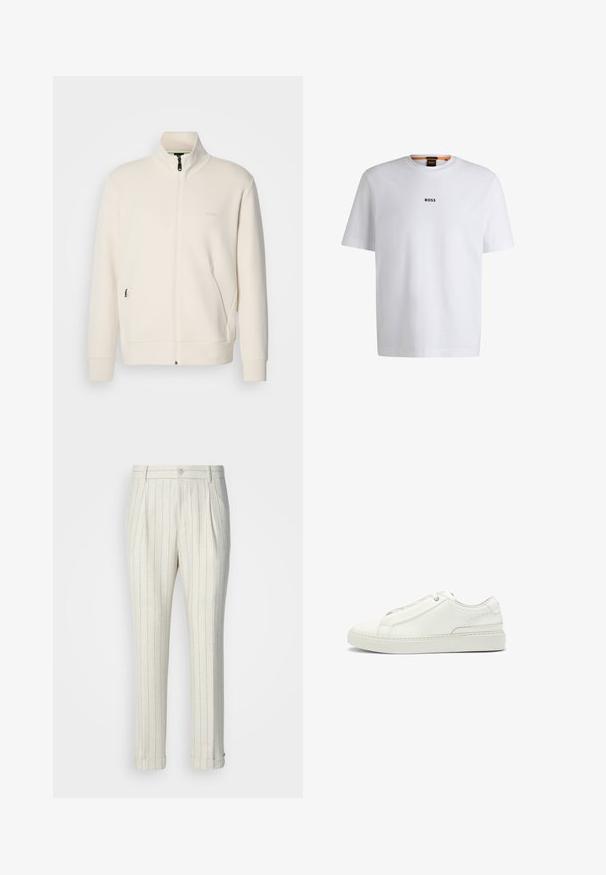 Off-white Zip-Jacke mit Stehkragen, langen Ärmeln, Seitentaschen und dezenter "BOSS"-Logo auf der linken Brust.; Weißes Baumwoll-T-Shirt mit kurzen Ärmeln, ausgestattet mit einem schwarzen "BOSS"-Logo, das mittig auf der Brust platziert ist, und einem runden Halsausschnitt.; Faltenschuhe aus leichtem Stoff, mit einem cremefarbenen Grund und dünnen blauen vertikalen Streifen. Umschlagabschlüsse und ein einzelner Vorderknopf.; Weiße Leder-Sneaker mit strukturierter Oberseite, runder Zehenform, minimalistischem Design und Gummisohle mit gestickten Details.