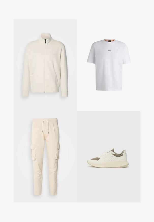 Kurtka zapinana na zamek w kolorze off-white z stójką, długimi rękawami, bocznymi kieszeniami oraz subtelnym logo "BOSS" na lewej piersi.; Biała bawełniana koszulka z krótkim rękawem, z czarnym logo "BOSS" umieszczonym na środku klatki piersiowej oraz okrągłym dekoltem.; Beżowe spodnie cargo z elastycznym pasem i sznurkiem. Posiadają dwie boczne kieszenie cargo oraz zwężający się krój nogawek. Gładka faktura.; Białe i jasnobeżowe sneakersy sportowe, z siateczkową cholewką, perforowanymi detalami oraz teksturowaną podeszwą śródstopia z brandingiem na pięcie.