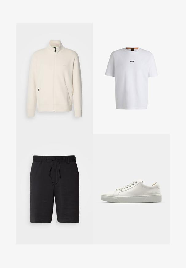Valkoinen vetoketjullinen takki, jossa on pystykaulus, pitkät hihat, sivutaskut ja huomaamaton "BOSS"-logo vasemmassa rinnassa.; Valkoinen puuvillapaita lyhyillä hihoilla, jossa on musta "BOSS"-logo keskellä rintaa ja pyöreä pääntie.; Mustat shortsit, joissa on teksturoitu kuvio, joustava vyötärö ja säädettävä naru, joka takaa sopivuuden. Keskipituinen, yksinkertainen muotoilu ilman näkyviä taskuja.; Valkoinen nahkakenkä, jossa on pyöreä varvas, minimalistinen muotoilu, harmaat nauhat ja karkea harmaa kumipohja. Huomaamattomat ompeluyksityiskohdat näkyvissä.