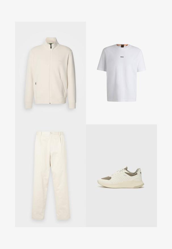 Hosszú ujjú, álló galléros, krémfehér cipzáras dzseki, oldalsó zsebekkel és diszkrét "BOSS" logóval a bal mellrészen.; Fehér pamut póló rövid ujjakkal, középen fekete "BOSS" logóval a mellkason és kerek nyakú kialakítással.; Világos bézs pamut chinos nadrág, egyenes szárú kivitelben, gombos zárással és két oldalsó zsebbel. Simaság jellemzi, látható minták nélkül.; Fehér és világos bézs sportcipő, légies hálós felsőrésszel, perforált részletekkel és texturált középtalppal, amelyen a saroknál a márka logója található.