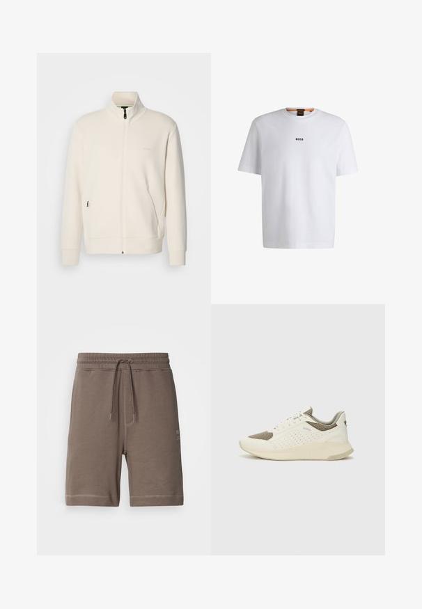Off-white Zip-Jacke mit Stehkragen, langen Ärmeln, Seitentaschen und dezenter "BOSS"-Logo auf der linken Brust.; Weißes Baumwoll-T-Shirt mit kurzen Ärmeln, ausgestattet mit einem schwarzen "BOSS"-Logo, das mittig auf der Brust platziert ist, und einem runden Halsausschnitt.; Braun Baumwollmischung-Shorts mit elastischem Bund, verstellbarem Kordelzug und Seitentaschen. Mit Kontrastnähten und einem Logo-Patch.; Weiße und hellbeige Sport Sneakers, ausgestattet mit einem Obermaterial aus Netzgewebe, perforierten Details und einer strukturierten Zwischensohle mit Branding an der Ferse.