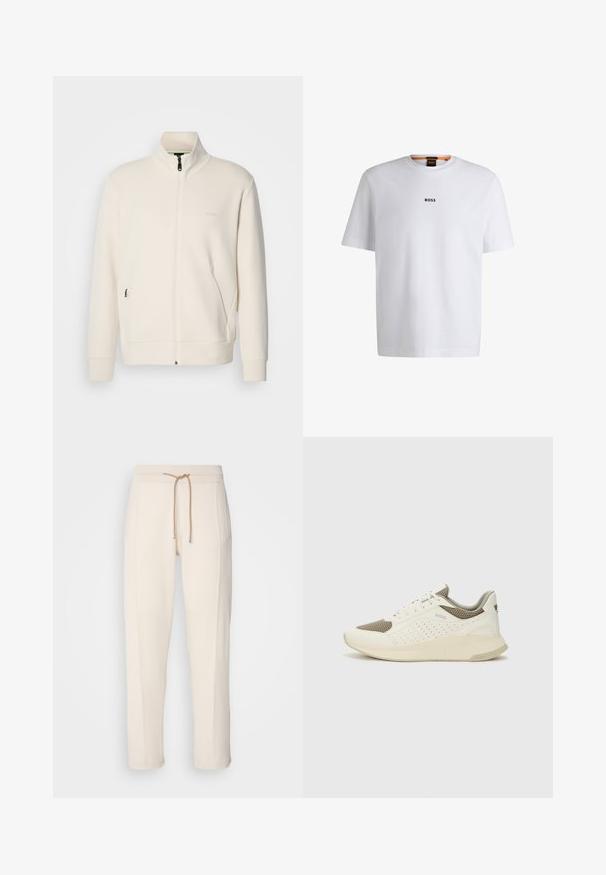 Off-white zip-up jakke med stående krage, lange ermer, sidelommer og diskré "BOSS" logo på venstre bryst.; Hvit bomulls T-skjorte med korte ermer, med en svart "BOSS" logo sentrert på brystet og rund halsdesign.; BOSS DONETTO - Joggebukse - open white; Hvit og lysebeige treningssko, med en mesh-overdel, perforerte detaljer og en teksturert mellomsåle med merkevare på hælen.