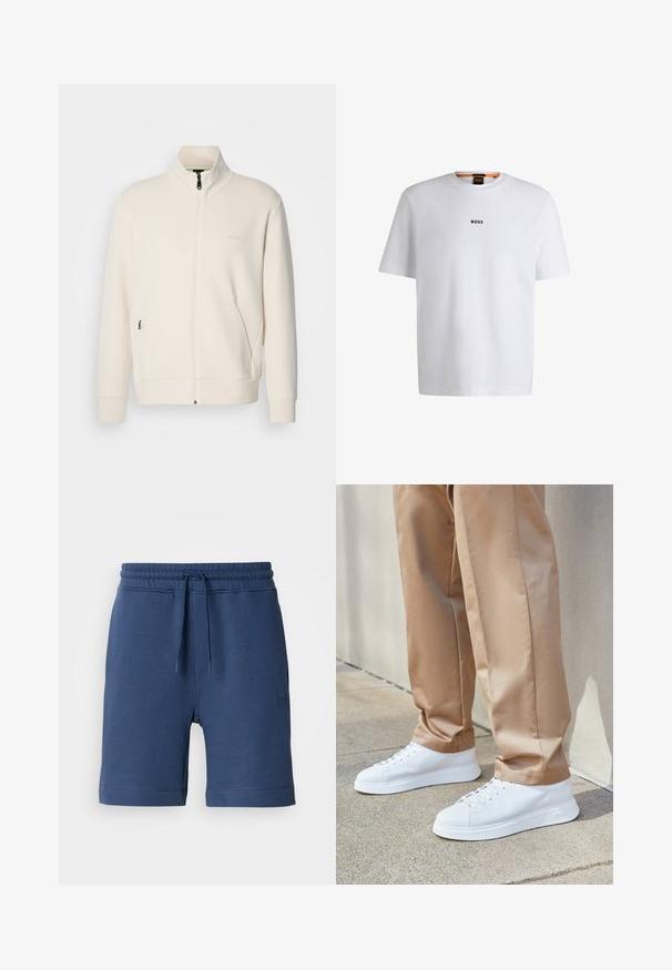 Valkoinen vetoketjullinen takki, jossa on pystykaulus, pitkät hihat, sivutaskut ja huomaamaton "BOSS"-logo vasemmassa rinnassa.; Valkoinen puuvillapaita lyhyillä hihoilla, jossa on musta "BOSS"-logo keskellä rintaa ja pyöreä pääntie.; Tummansiniset puuvillahousut, joissa on joustava vyötärö, naru ja sivutaskut. Vasemmalla puolella on pieni logopatch.; Valkoiset nahkakengät sileällä pinnalla, pyöreillä varpailla, valkoisilla nauhoilla ja minimalistisella designilla. Yhdistetty vaaleanruskeisiin, kapeapolkisiin housuihin.