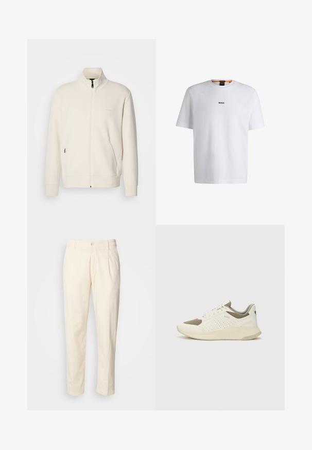 Off-white zip-up jacket with stand collar, long sleeves, side pockets, and subtle "BOSS" logo on the left chest.; White cotton T-shirt with short sleeves, featuring a black "BOSS" logo centered on the chest and a round neck design.; Cream-colored cotton trousers with a straight leg design, featuring front pleats, a button closure, and side pockets. Smooth texture.; White and light beige athletic sneaker, featuring a mesh upper, perforated detailing, and a textured midsole with branding on the heel.