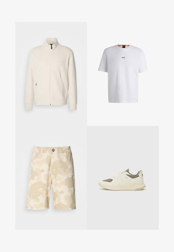Off-white zip-up jack met staande kraag, lange mouwen, zijzakken en een subtiele "BOSS" logo op de linkerborst.; Witte katoenen T-shirt met korte mouwen, voorzien van een zwart "BOSS"-logo in het midden van de borst en een ronde halsontwerp.; Beige shorts met een crèmekleurig camouflagepatroon, voorzien van een knoopsluiting, riemlussen en zakken. Gemaakt van stof met een gladde textuur.; Witte en lichtbeige sport sneaker, met een bovenwerk van mesh, geperforeerde details en een gestructureerde tussenzool met branding op de hiel.