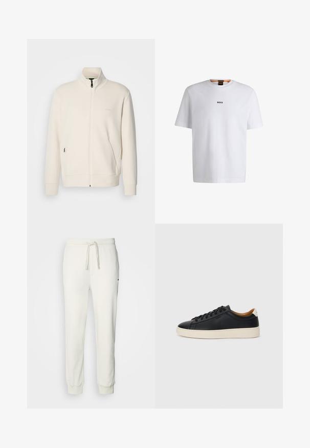 Casaco com fecho éclair em tom off-white, com colarinho elevado, mangas longas, bolsos laterais e um discreto logótipo "BOSS" no lado esquerdo do peito.; T-shirt de algodão branca com mangas curtas, apresentando um logo preto "BOSS" centrado no peito e um design de gola redonda.; HUGO DAYOTE - Calças de fato de treino - natural; Tenis de couro preto com uma textura suave, sola de borracha bege, design de atar e um destaque no calcanhar em contraste.