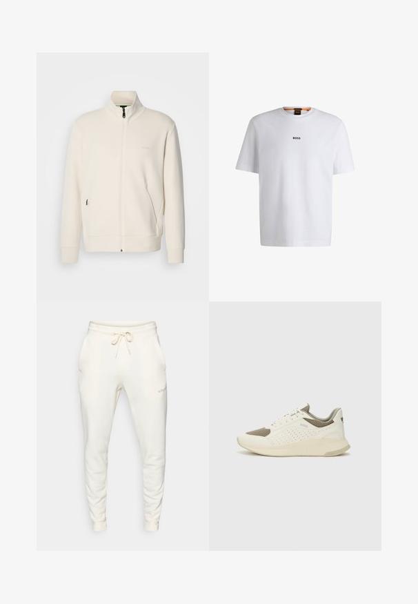 Jakna boje off-white s patentnim zatvaračem, stajaćim ovratnikom, dugim rukavima, bočnim džepovima i suptilnim logotipom "BOSS" na lijevoj strani prsnog koša.; Bijela pamučna majica kratkih rukava, s crnim logotipom "BOSS" centriranim na prsima i okruglim izrezom.; Bijele trenirke od mekog materijala, s elastičnom trakom za pojas i špagom, bočnim džepovima i rebrastim manžetama.; Bijele i svijetlosmeđe sportske tenisice, sa mrežastim gornjim dijelom, perforiranim detaljima i teksturiranim međutrakom sa brendom na peti.