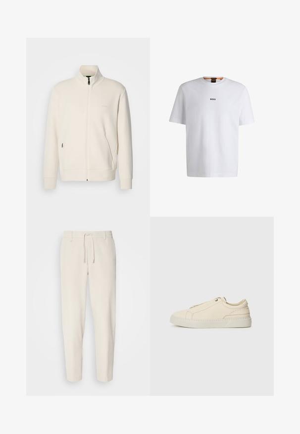 Krémová zipová bunda s vysokým límcem, dlouhými rukávy, bočními kapsami a jemným logem "BOSS" na levé části hrudi.; Bílý bavlněný tričko s krátkým rukávem, se středovým černým logem "BOSS" na hrudi a kulatým výstřihem.; Světle béžové kalhoty s taperovaným střihem, elastickým pasem a stahovací šňůrkou. Hladká tkanina se bočními kapsami a prošitými lemy.; Krémové kožené tenisky s kulatou špičkou, minimalistickým designem, jemnými švy a texturovaným svrškem, na světlé podrážce.