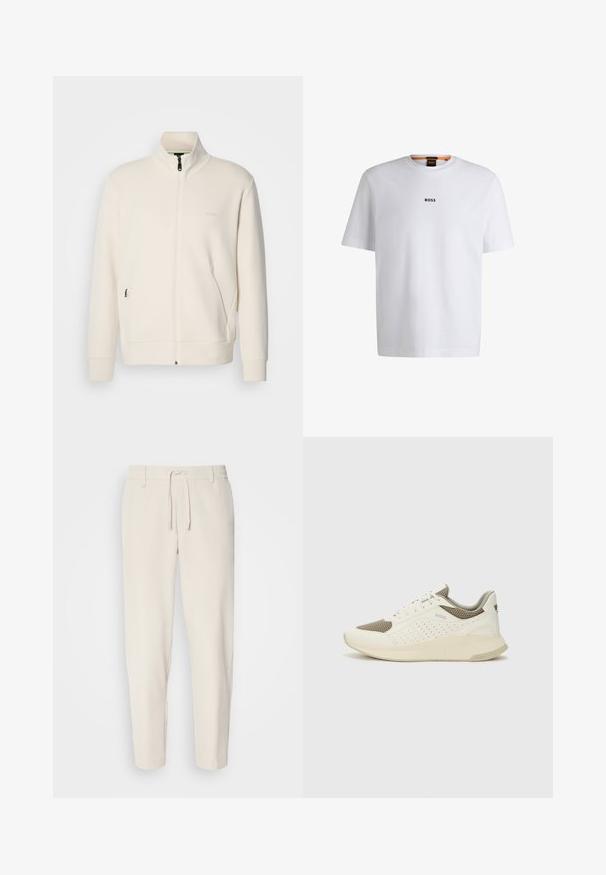 Off-white krūškurvja jaka ar uzacīšu apkakli, garām piedurknēm, sānu kabatām un diskrētu "BOSS" logo uz kreisā krūškurvja.; Balta kokvilnas T-kreklu ar īsām piedurknēm, ar melnu "BOSS" logotipu centrā uz krūšu un apļa formas kakla dizainu.; Gai beidzīgu bikses ar sašaurinātu piegriezumu, elastīgu jostas vietu un saistītiem aukliņām. Gluda auduma ar sānu kabatām un izšūtiem maliņām.; Baltas un gaiši bež sporta apavi, ar sieta augšdaļu, perforētiem detaļām un teksturētu vidusdaļu ar zīmolu uz papēža.