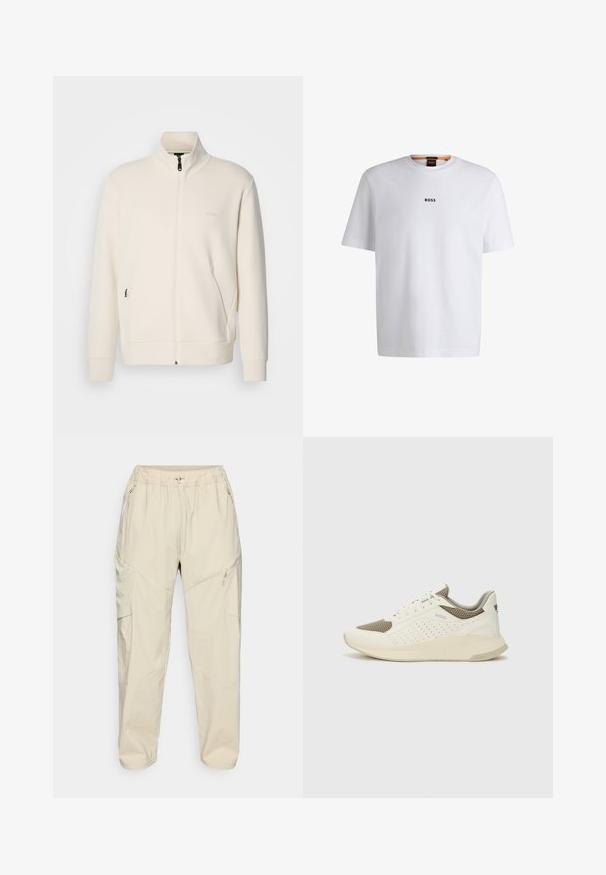 Off-white zip-up jakke med stående krage, lange ermer, sidelommer og diskré "BOSS" logo på venstre bryst.; Hvit bomulls T-skjorte med korte ermer, med en svart "BOSS" logo sentrert på brystet og rund halsdesign.; Beige lette cargobukser med elastisk midje, glidelåslommer på siden og tapered ben design for en avslappet passform.; Hvit og lysebeige treningssko, med en mesh-overdel, perforerte detaljer og en teksturert mellomsåle med merkevare på hælen.