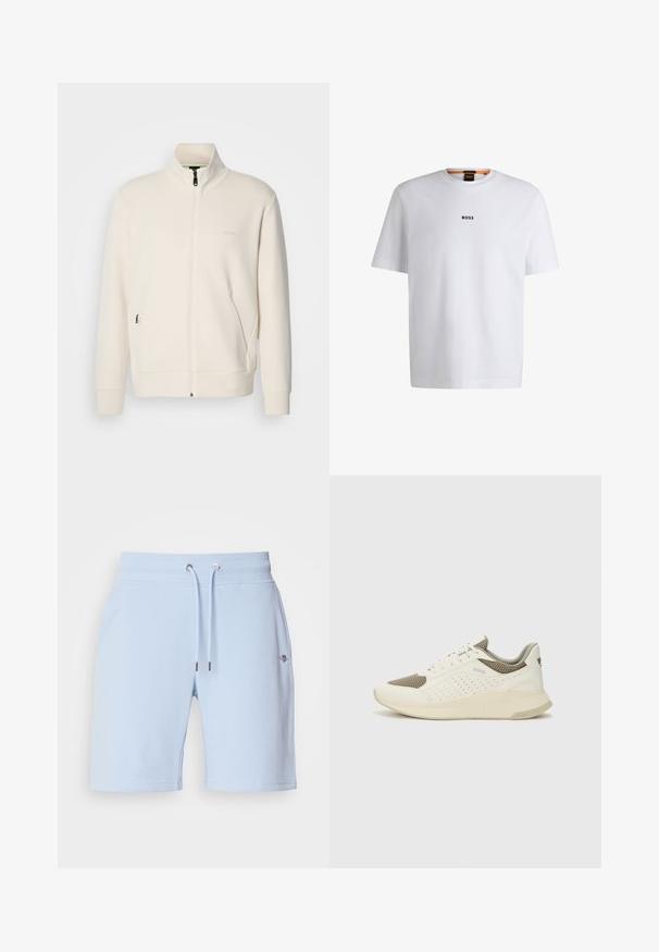 Hosszú ujjú, álló galléros, krémfehér cipzáras dzseki, oldalsó zsebekkel és diszkrét "BOSS" logóval a bal mellrészen.; Fehér pamut póló rövid ujjakkal, középen fekete "BOSS" logóval a mellkason és kerek nyakú kialakítással.; Világoskék, puha anyagból készült rövidnadrág, rugalmas derékkal és húzózsinórral, az elején pedig egy kis logóval.; Fehér és világos bézs sportcipő, légies hálós felsőrésszel, perforált részletekkel és texturált középtalppal, amelyen a saroknál a márka logója található.