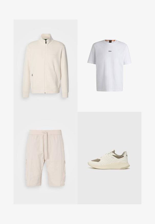 Off-white zip-up jacket with stand collar, long sleeves, side pockets, and subtle "BOSS" logo on the left chest.; White cotton T-shirt with short sleeves, featuring a black "BOSS" logo centered on the chest and a round neck design.; Beige cargo shorts with an elastic waistband and drawstring, featuring two side pockets and a smooth, lightweight fabric.; White and light beige athletic sneaker, featuring a mesh upper, perforated detailing, and a textured midsole with branding on the heel.