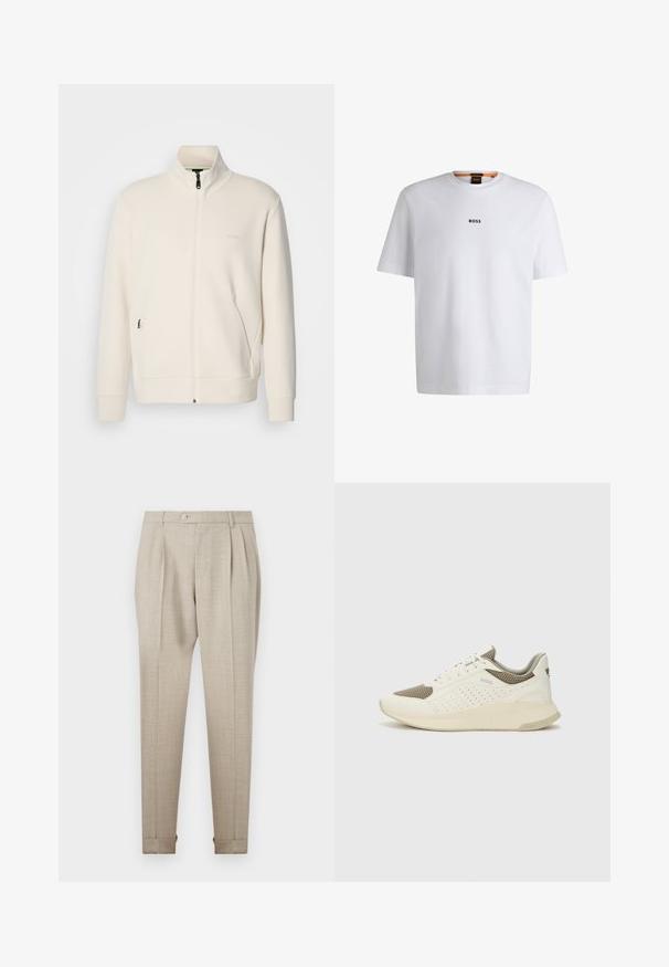 Off-white zip-up jakke med stående krage, lange ermer, sidelommer og diskré "BOSS" logo på venstre bryst.; Hvit bomulls T-skjorte med korte ermer, med en svart "BOSS" logo sentrert på brystet og rund halsdesign.; Beige plisserte bukser med en glatt tekstur, med frontknapplukking og rullede hem. Skreddersydd passform og rett ben-design.; Hvit og lysebeige treningssko, med en mesh-overdel, perforerte detaljer og en teksturert mellomsåle med merkevare på hælen.