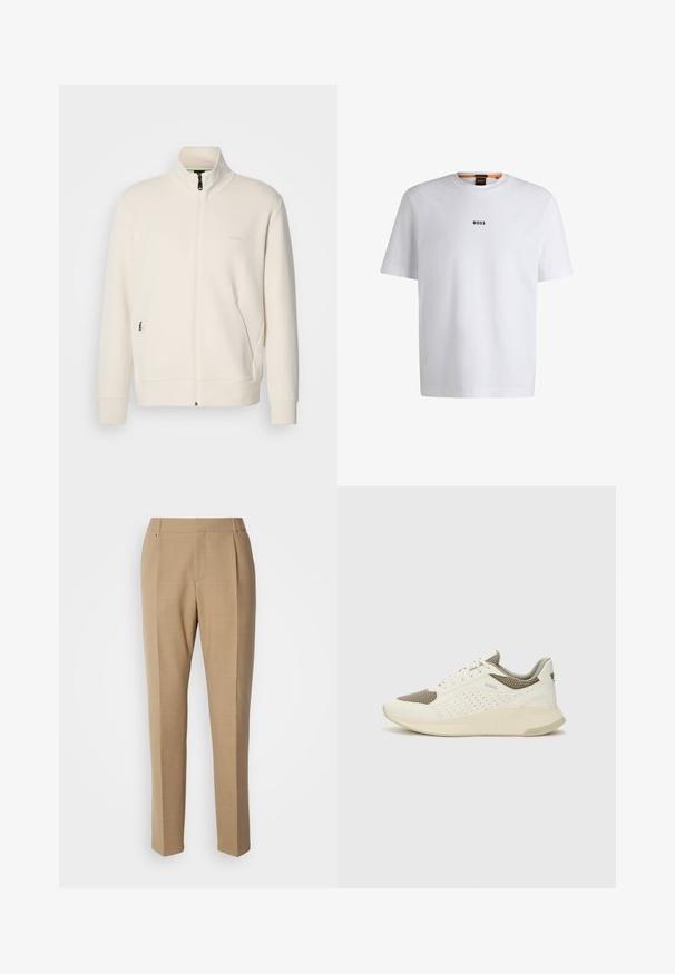 Kreemi värvi lukuga jakk kõrge kraega, pikkade varrukatega, küljetaskutega ja diskreetse "BOSS" logo ka vasakul rinnal.; Valge puuvillane T-särk lühikeste varrukatega, millel on must "BOSS" logo, mis on keskendatud rinnale, ja ümmargune kaelaava disain.; Kahvelised püksid, millel on lame esiosa, sirged sääred, peene tekstuur ja kaks esikot. Omavad sujuvat, minimalistlikku disaini.; Valge ja heledat beeži värvi spordijalats, millel on õhuke võrkmaterjal, perforatsioonidega detailid ning tekstuuriga vahetald, millel on brändi logo kannaosas.