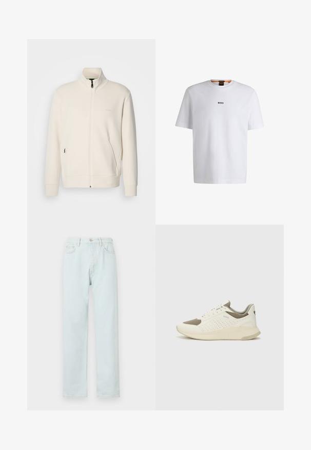 Off-white zip-up jacket with stand collar, long sleeves, side pockets, and subtle "BOSS" logo on the left chest.; White cotton T-shirt with short sleeves, featuring a black "BOSS" logo centered on the chest and a round neck design.; Light blue straight-leg jeans made of denim, featuring a button closure, subtle whiskering, and five-pocket design.; White and light beige athletic sneaker, featuring a mesh upper, perforated detailing, and a textured midsole with branding on the heel.